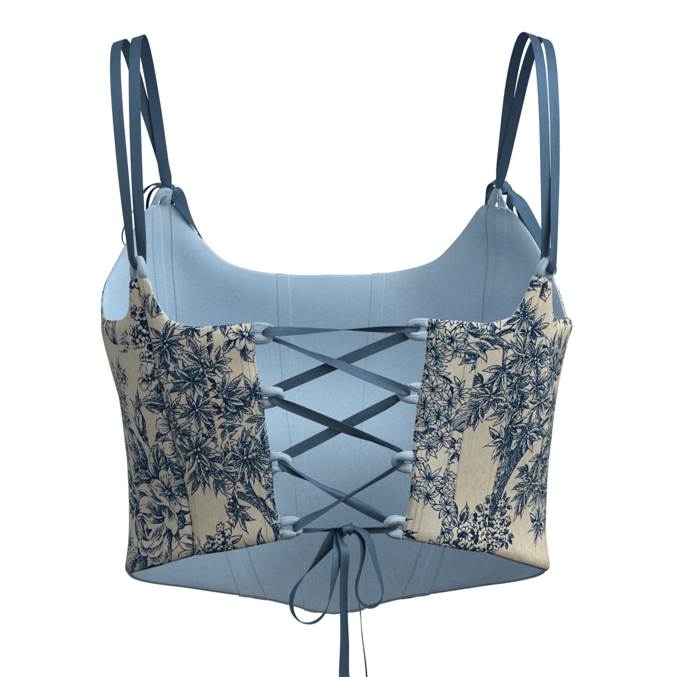 Double sided corset top: 3D visualization; back view; Fabric: Blue pattern on cream background.