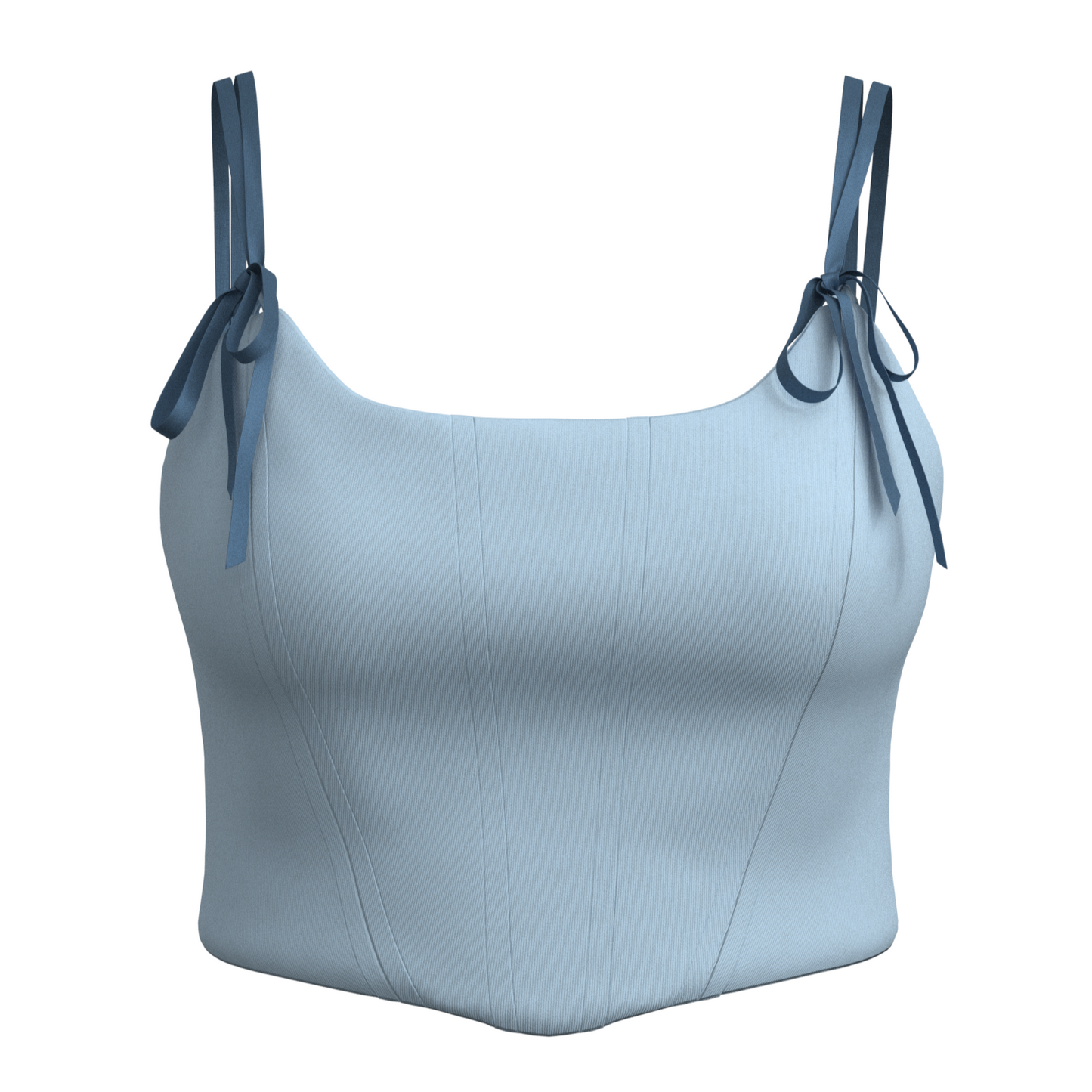 Double sided corset top: 3D visualization; Front view; Fabric:Light Blue.